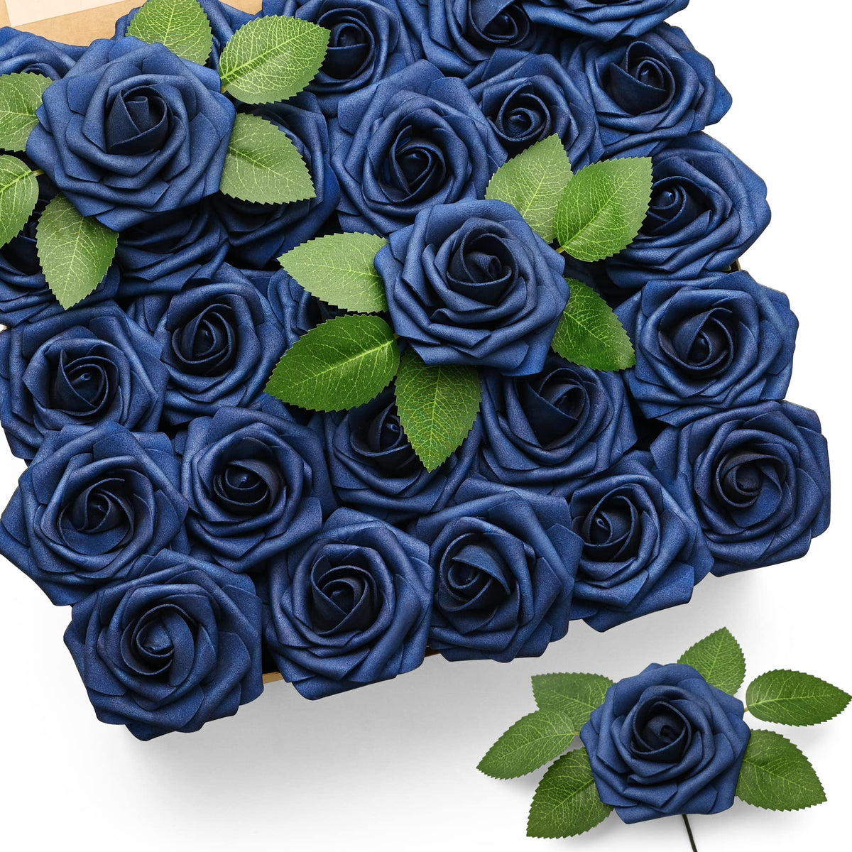 Mocoosy emballage montrant 50 roses bleu marine, valeur et rangement pratique