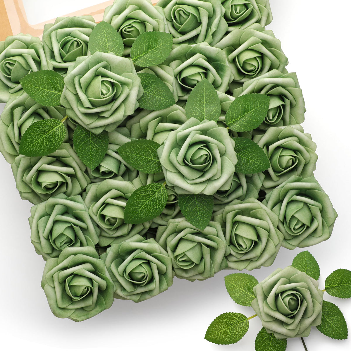 Mocoosy roses vert sauge ensemble montrant 50 tiges réalistes bénéfique pour décorations