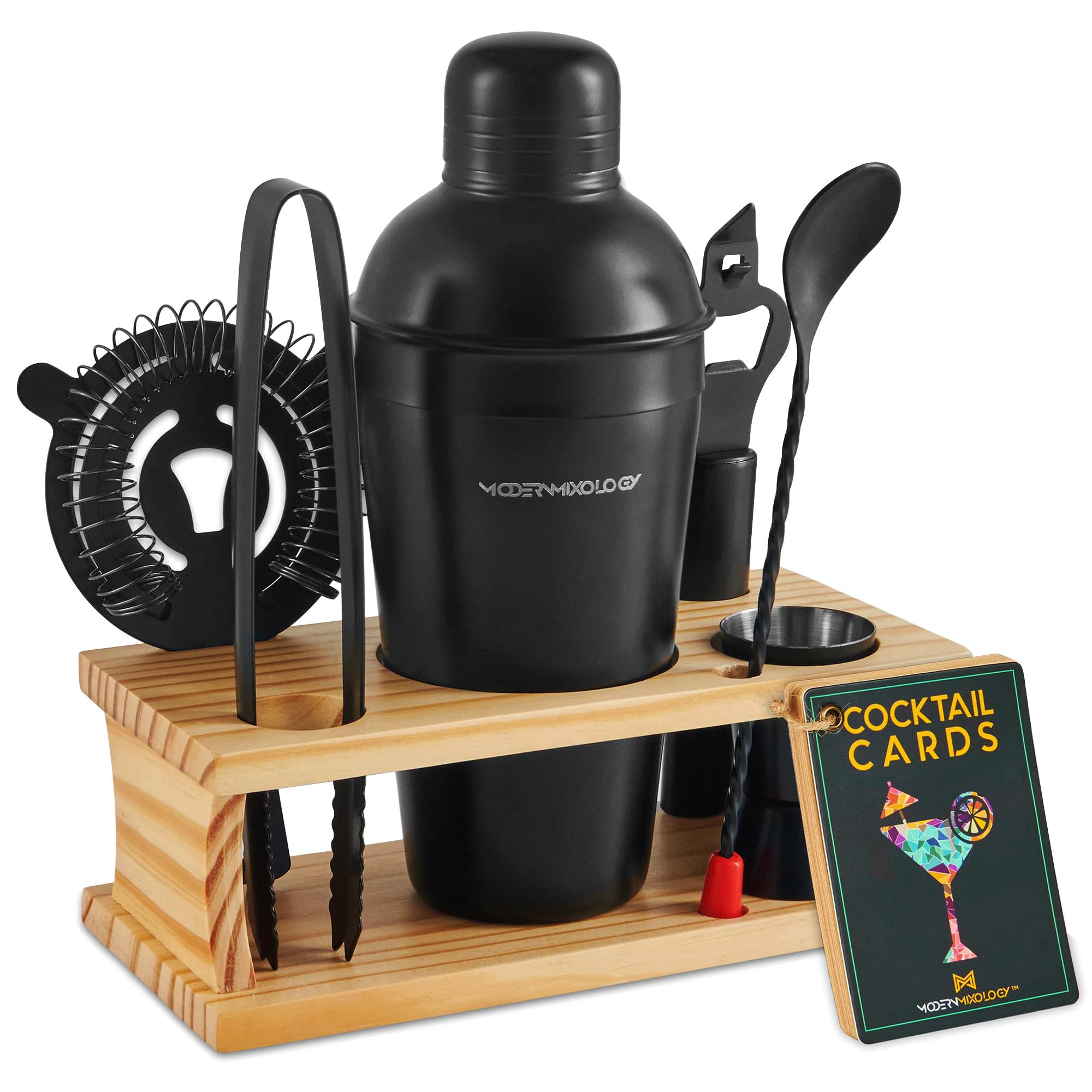Modern Mixology vue avant du coffret sur son support en pin, esthétique et organisé