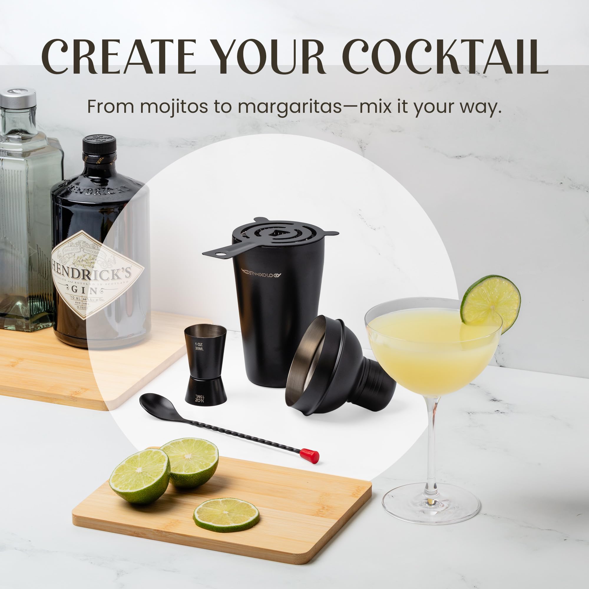 Modern Mixology outils alignés en acier inoxydable, qualité professionnelle et durable