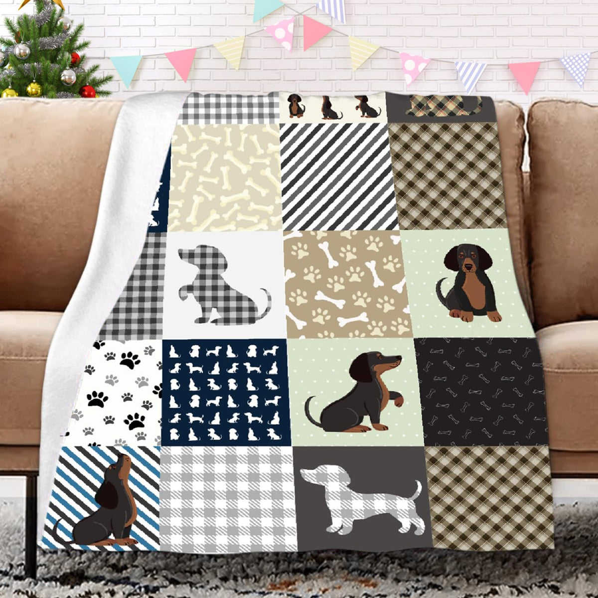 Mokukenren plaid face montrant motif teckel et confort visuel