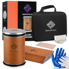 MOLINALIA vue face du packaging montrant l'affûteur et ses accessoires, facilité d'utilisation