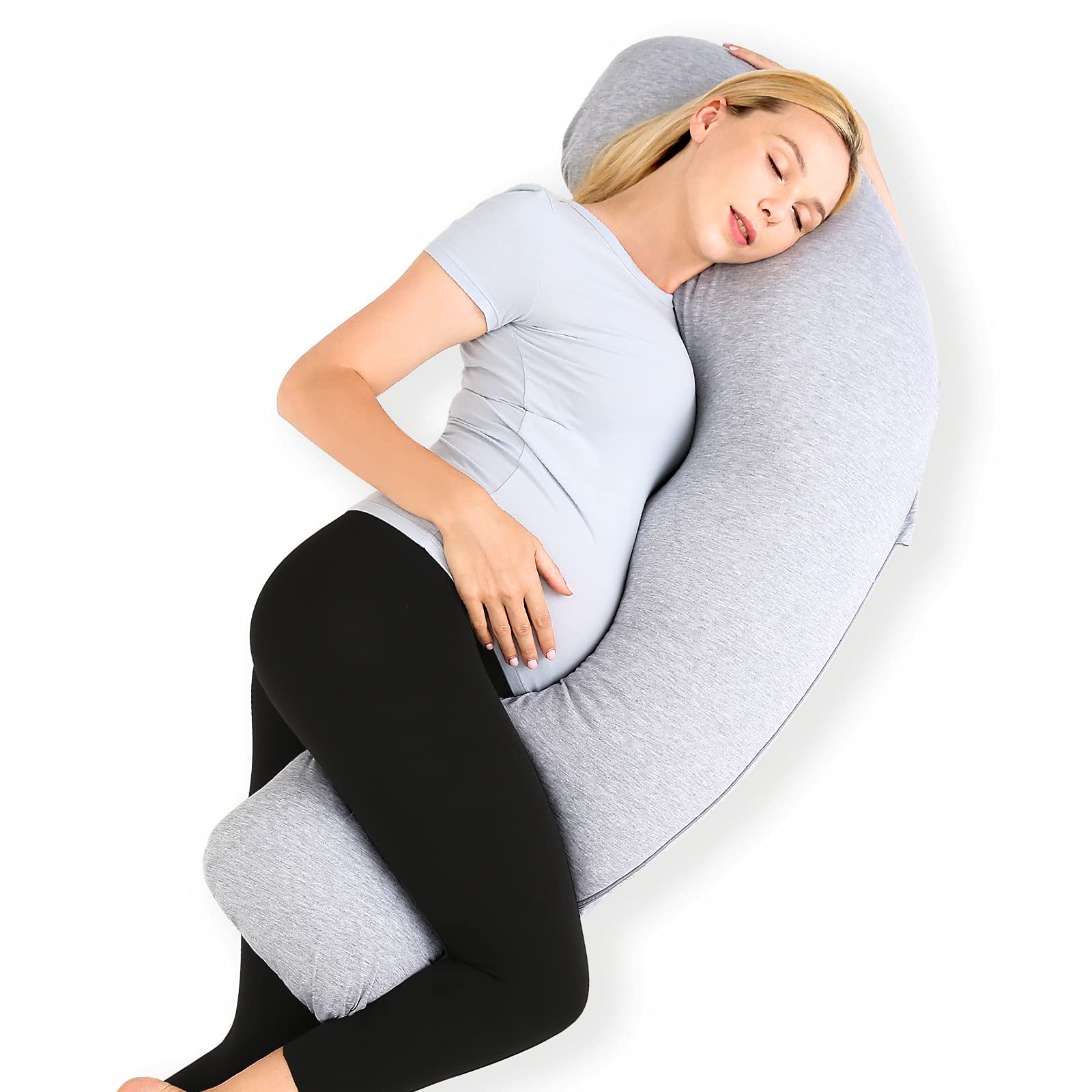 Momcozy vue avant du coussin J montrant soutien complet du corps