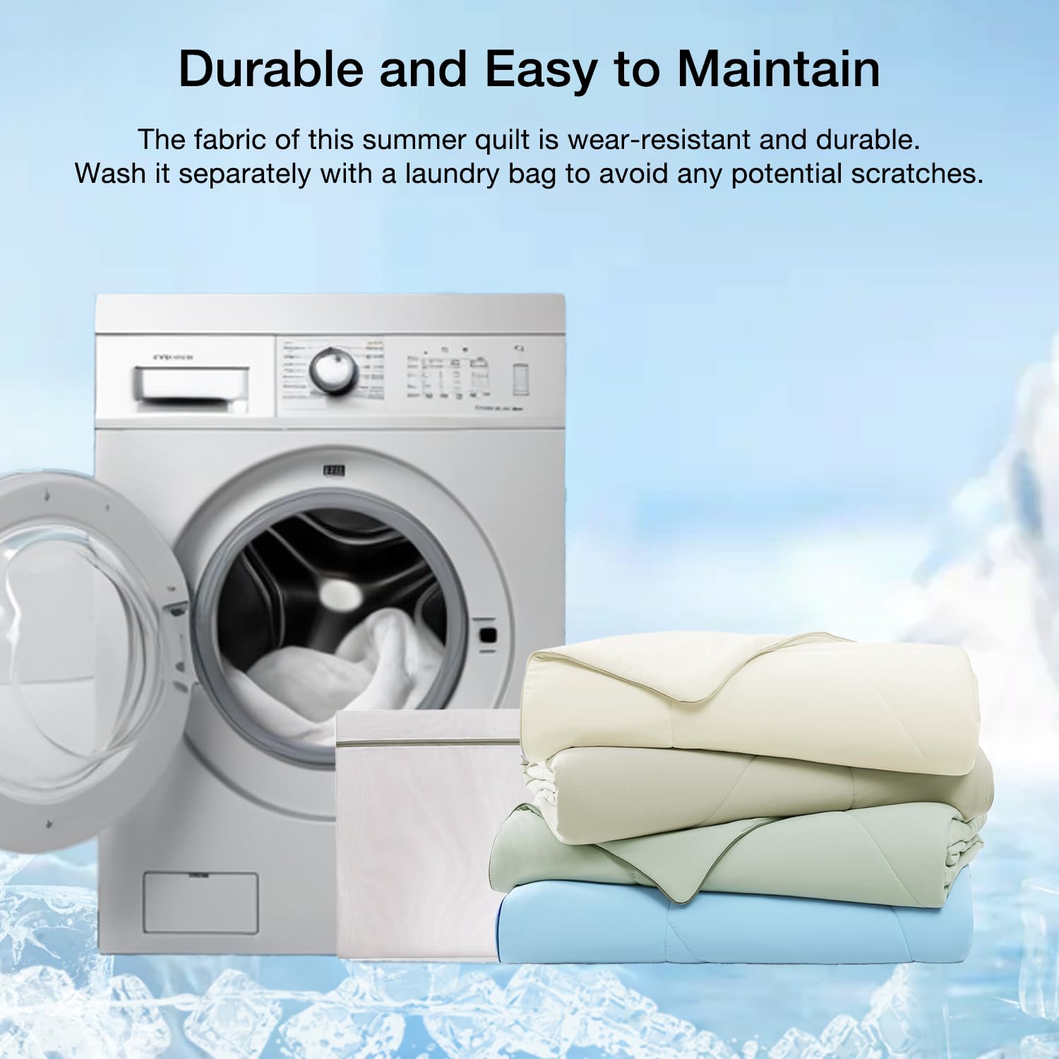 Couette Monbix dans filet de lavage indiquant entretien doux et préservation des fibres