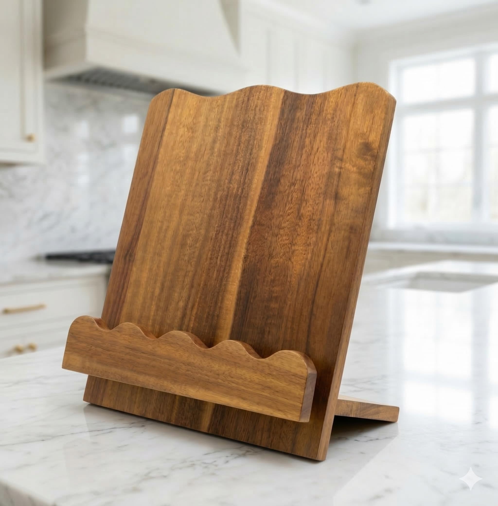 Moncur Home support acacia posé sur plan de travail dans une cuisine chaleureuse