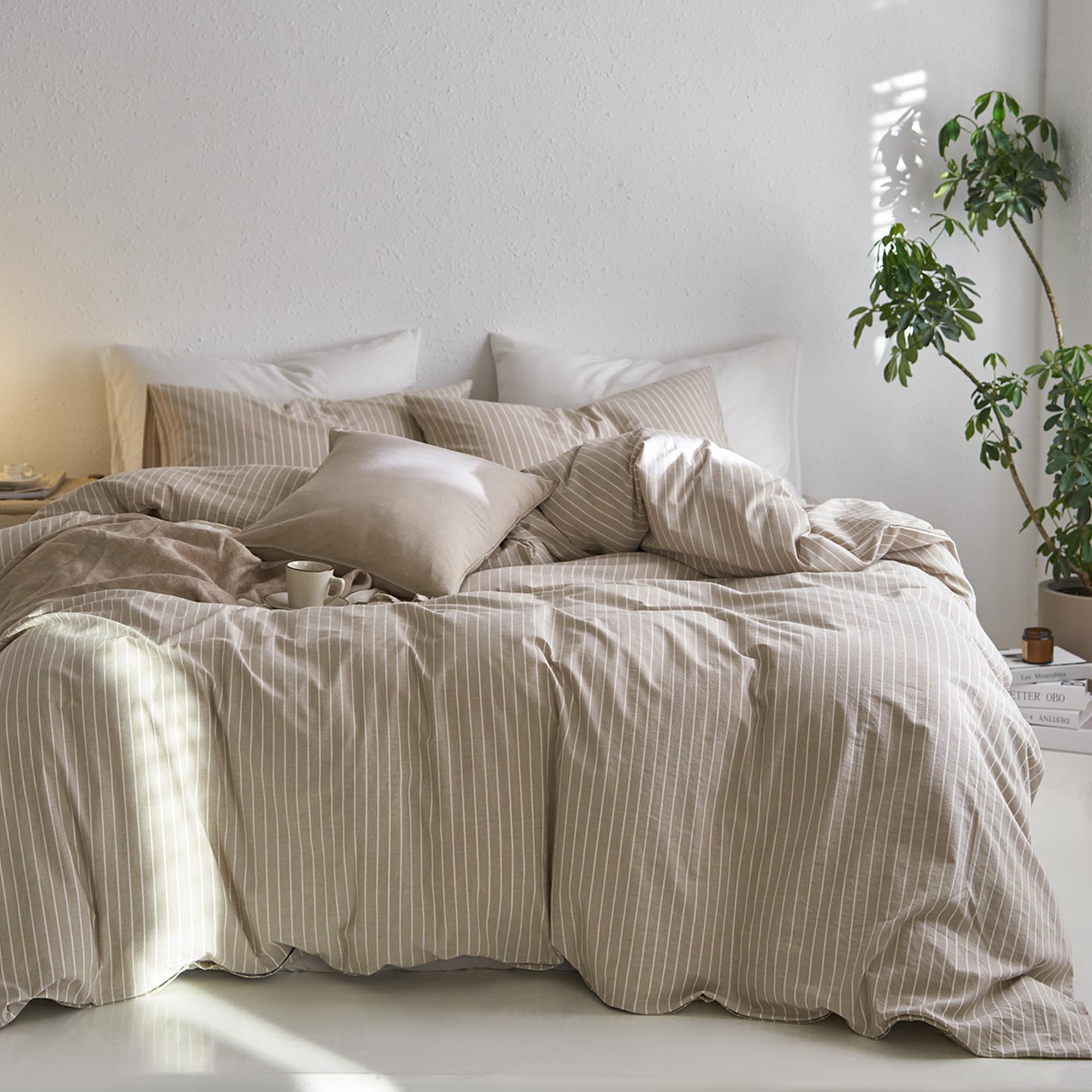 MooMee housse de couette recto pli, style rayé naturel et apaisant