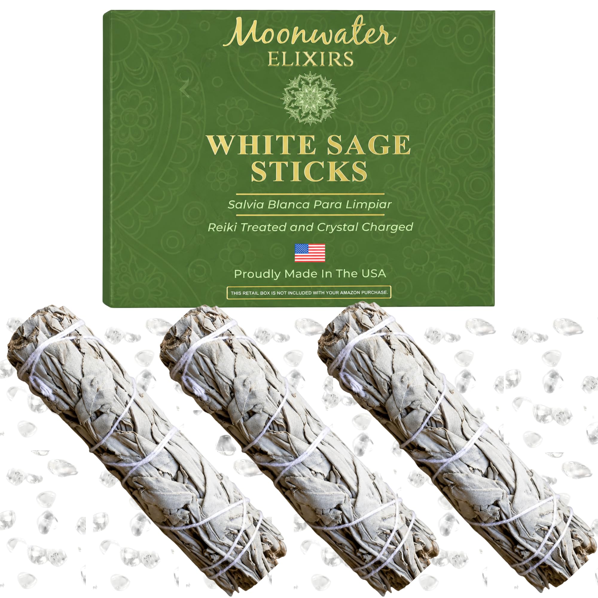 Moonwater Elixirs emballage avant montrant lot de trois bâtonnets et bénéfice purification