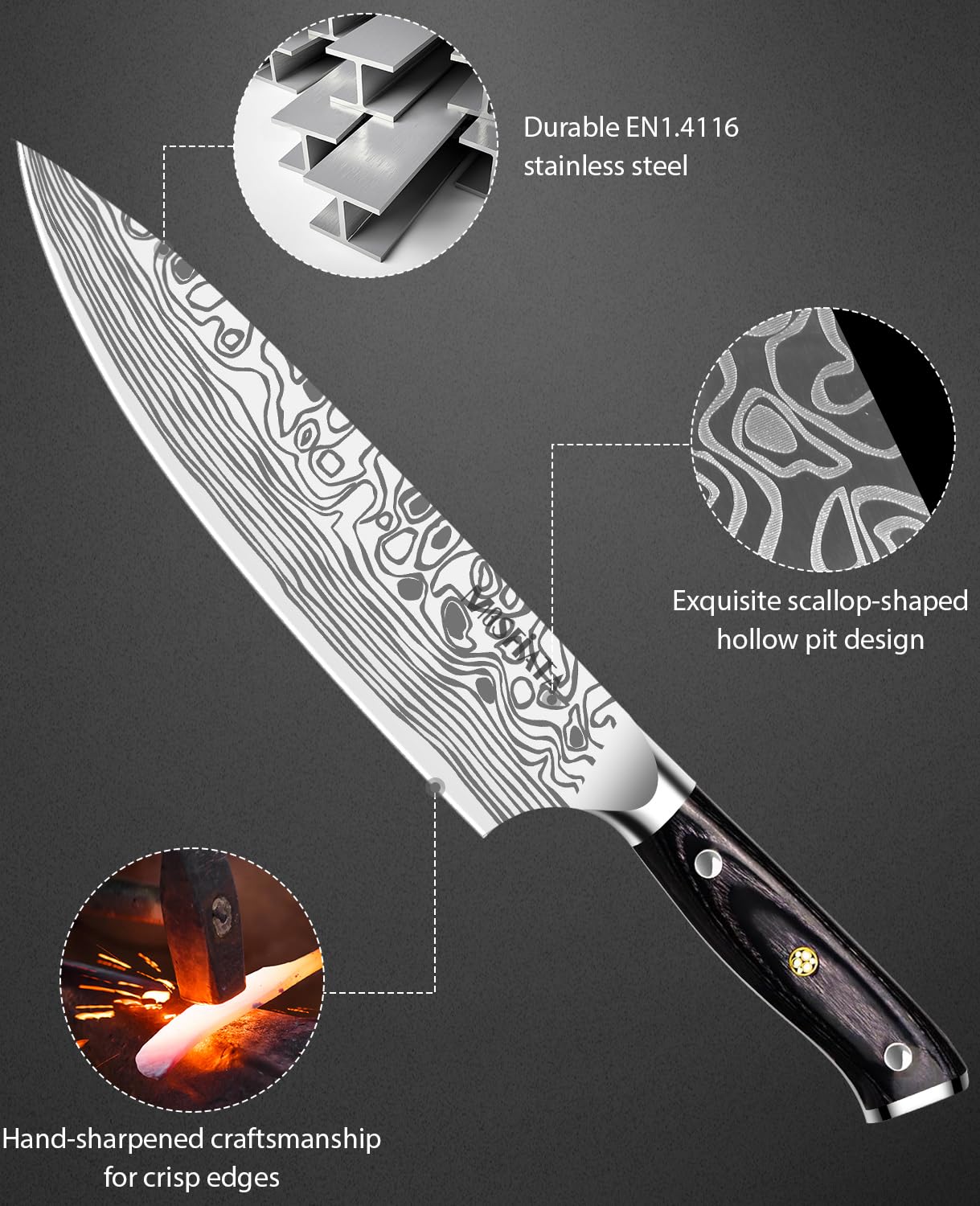 MOSFiATA détail du manche Micarta triple riveté pour prise confortable et durable