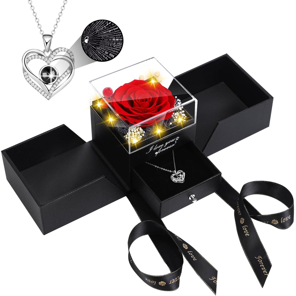 moshen boîte ouverte montrant rose éternelle et cadeau, met en valeur l'émotion