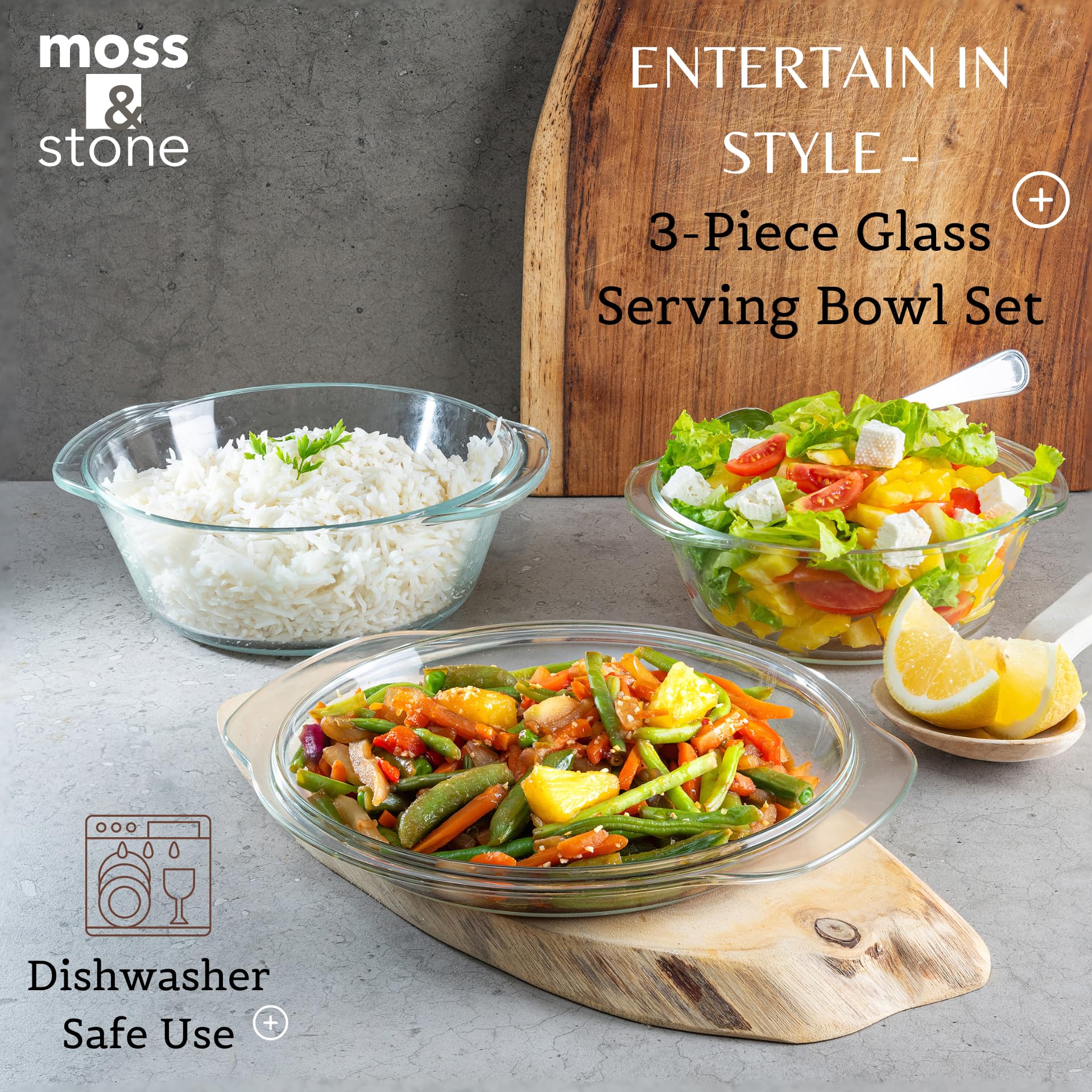 Moss & Stone comparaison avec une main montrant les trois tailles pratiques