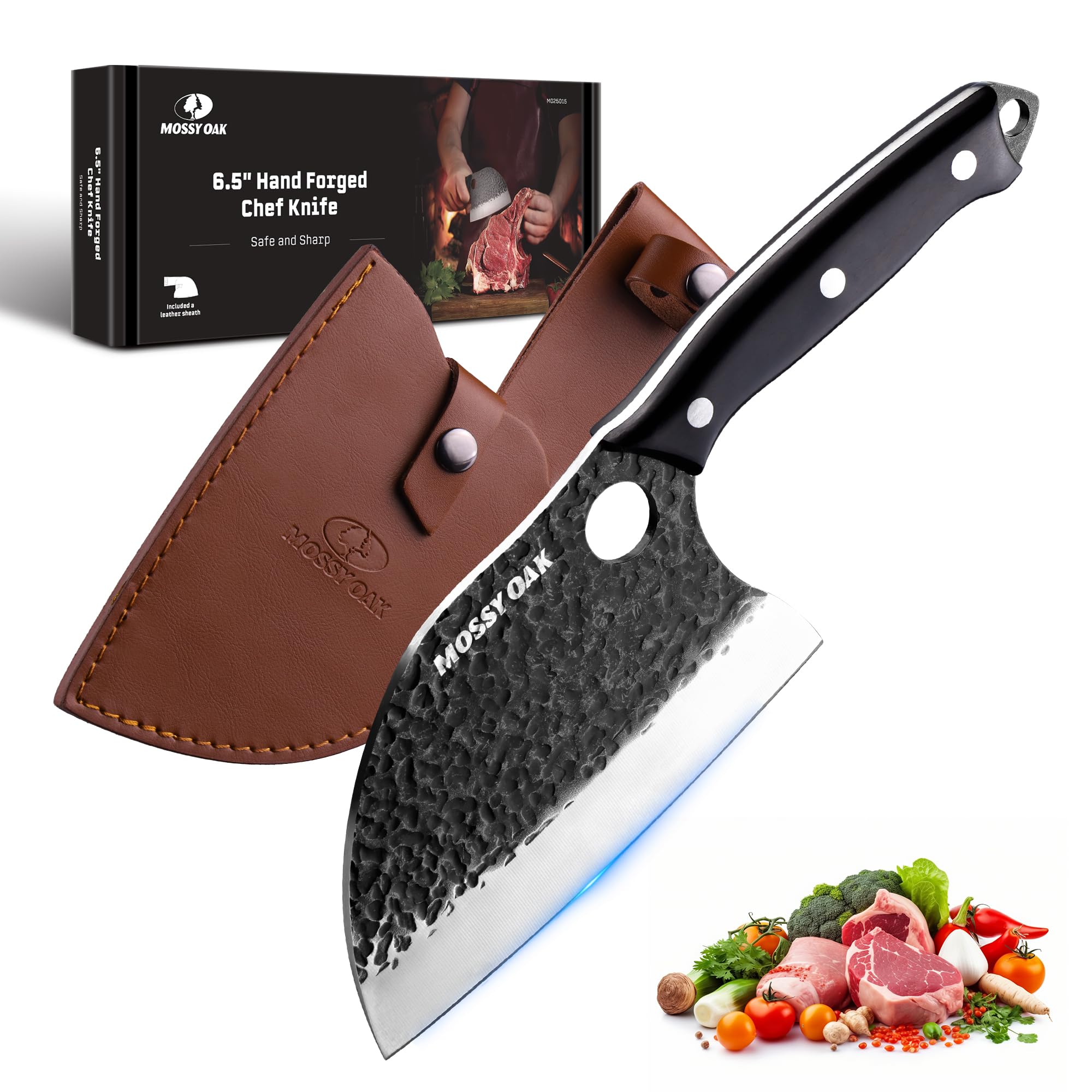 Mossy Oak vue avant du couteau chef avec emballage, design et qualité visibles