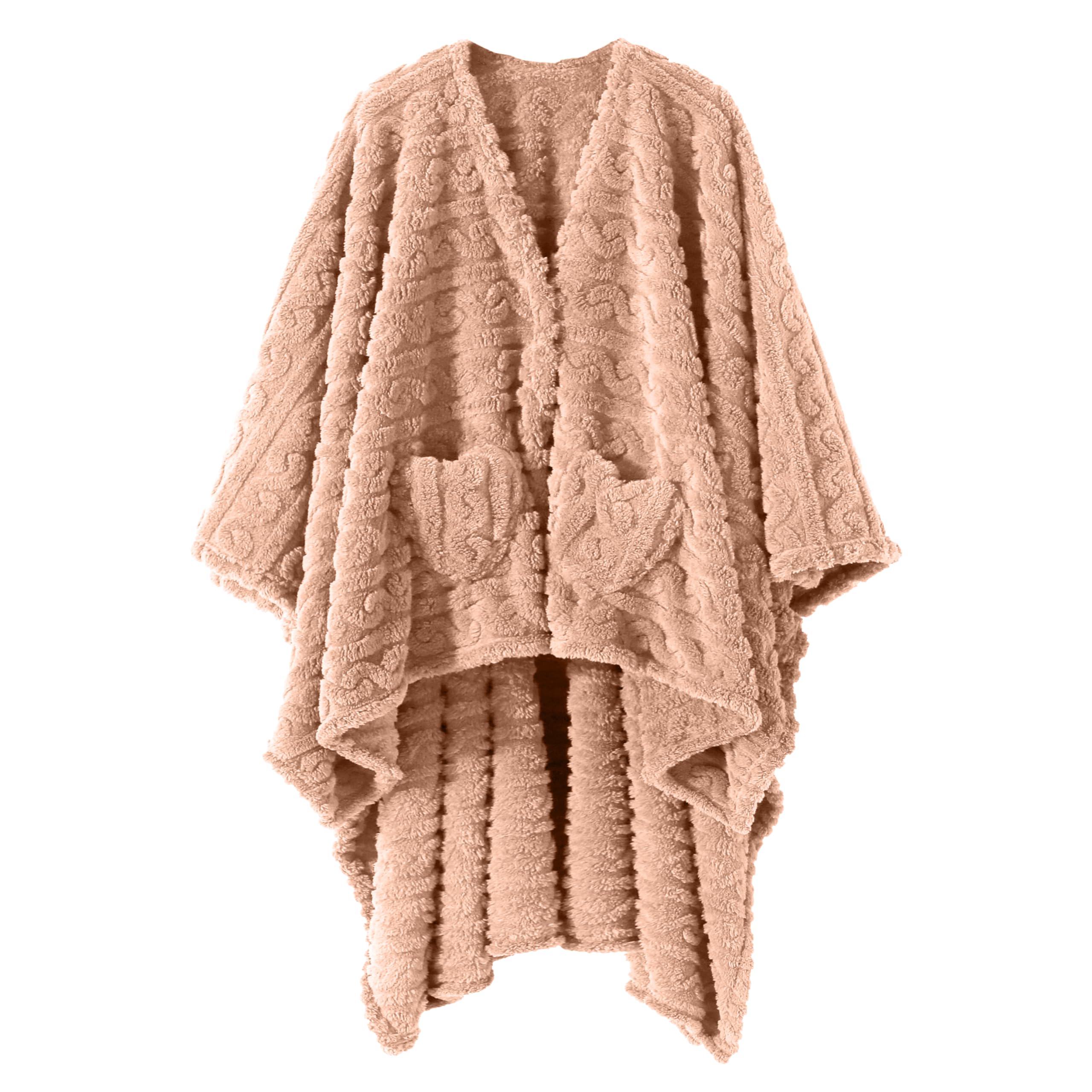 Mowkim vue avant du châle plaid blush pink montrant coupe cape et finition