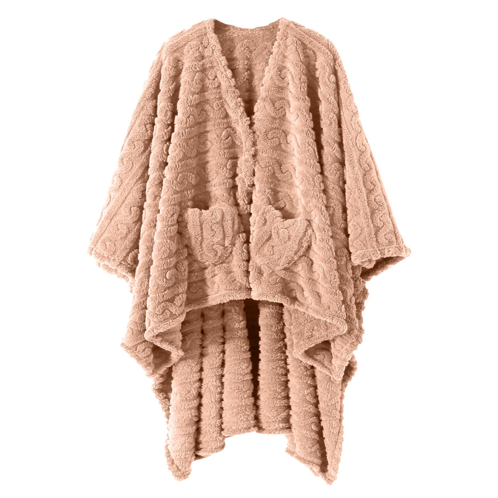 Mowkim vue avant du châle plaid blush pink montrant coupe cape et finition