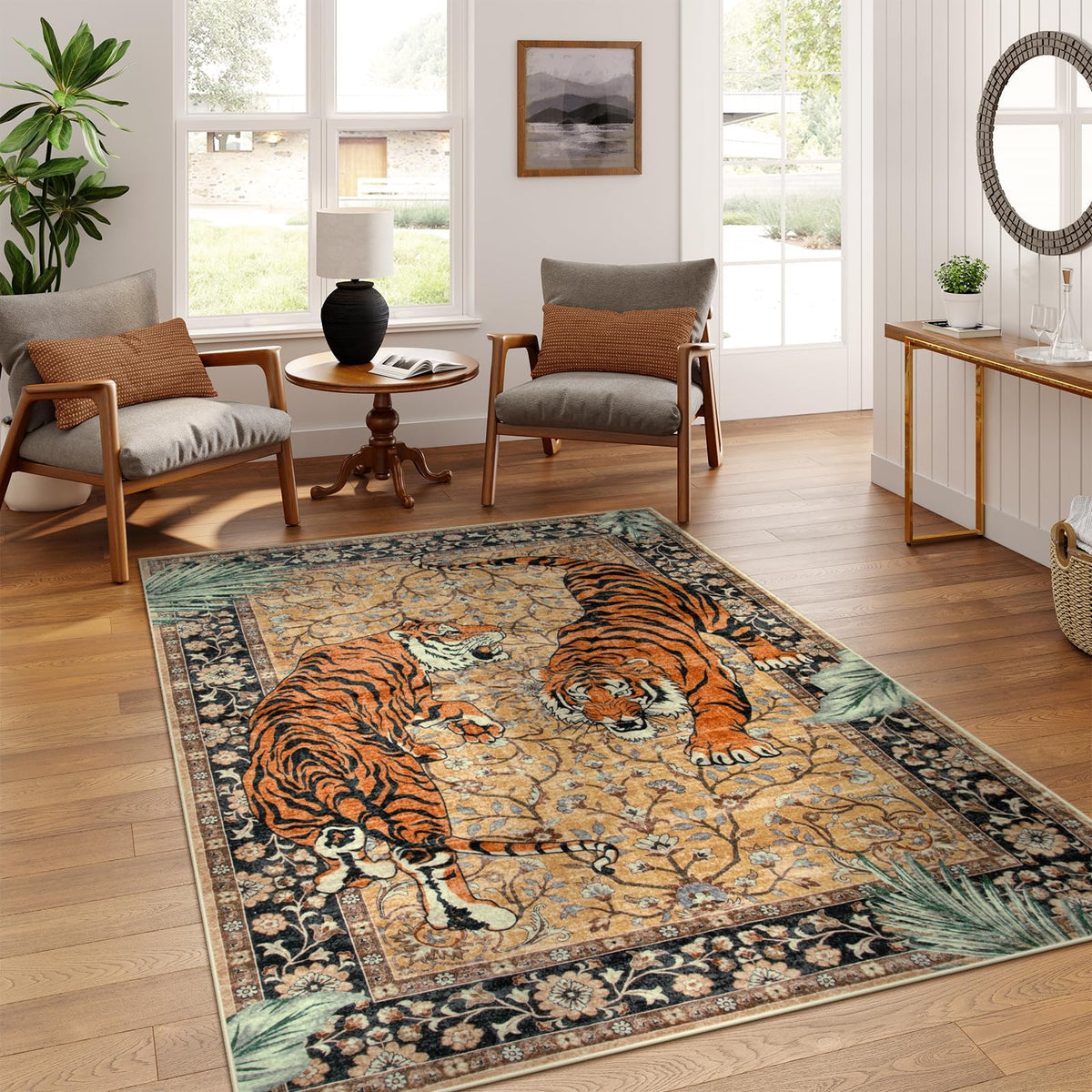 Moynesa vue avant du tapis tiger 5x7 montrant motif camel et esthétique