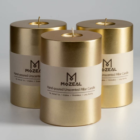 MOZEAL packaging avant montrant lot de trois bougies et bénéfice esthétique