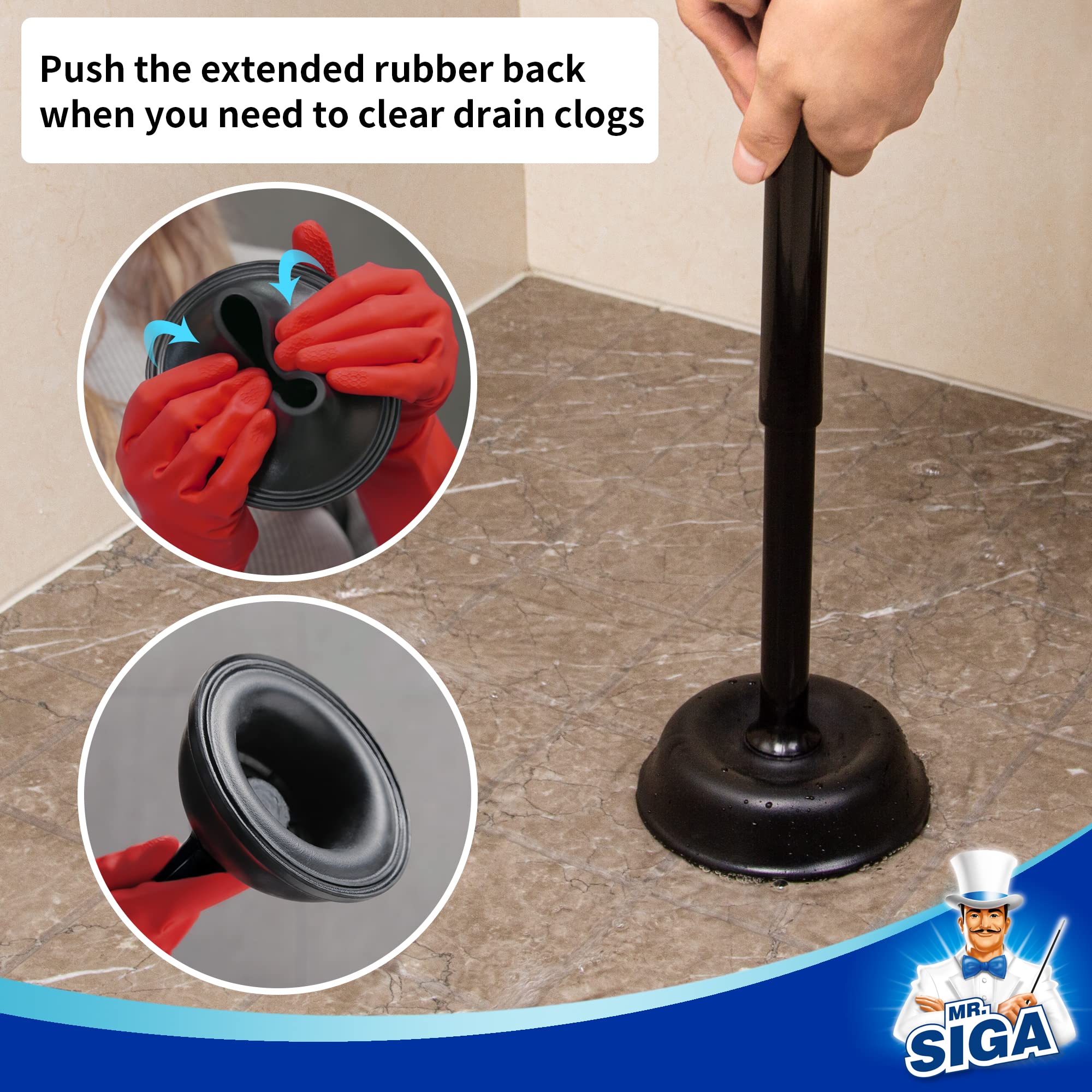 MR.SIGA ventouse en usage sur cuvette montrant efficacité contre bouchons