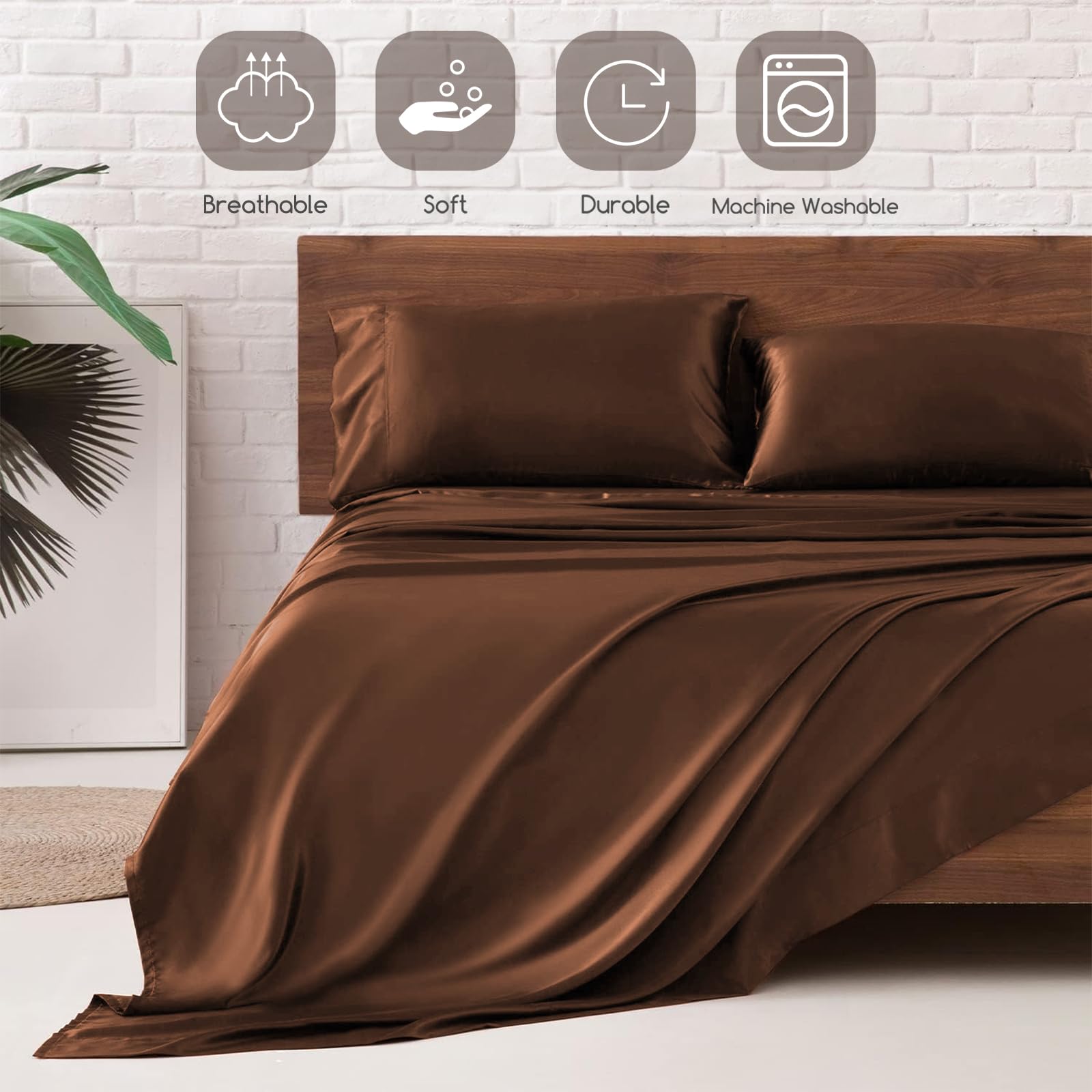 MR&HM lit fait avec draps satin marron, ambiance de chambre élégante et reposante