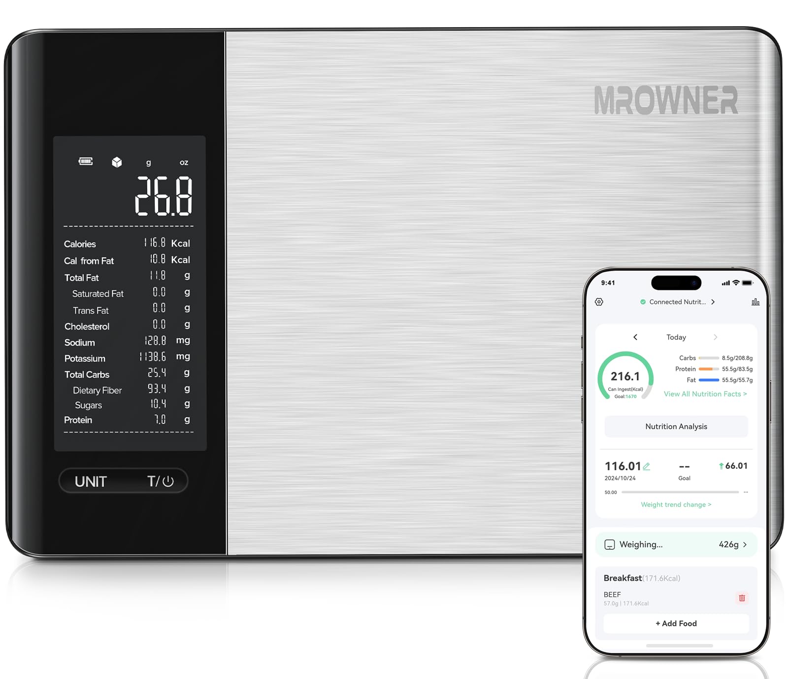 MrOwner vue avant avec plateau inox offrant pesées précises et nettoyage facile
