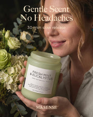 M&SENSE étiquette lisible indiquant parfum eucalyptus et menthe