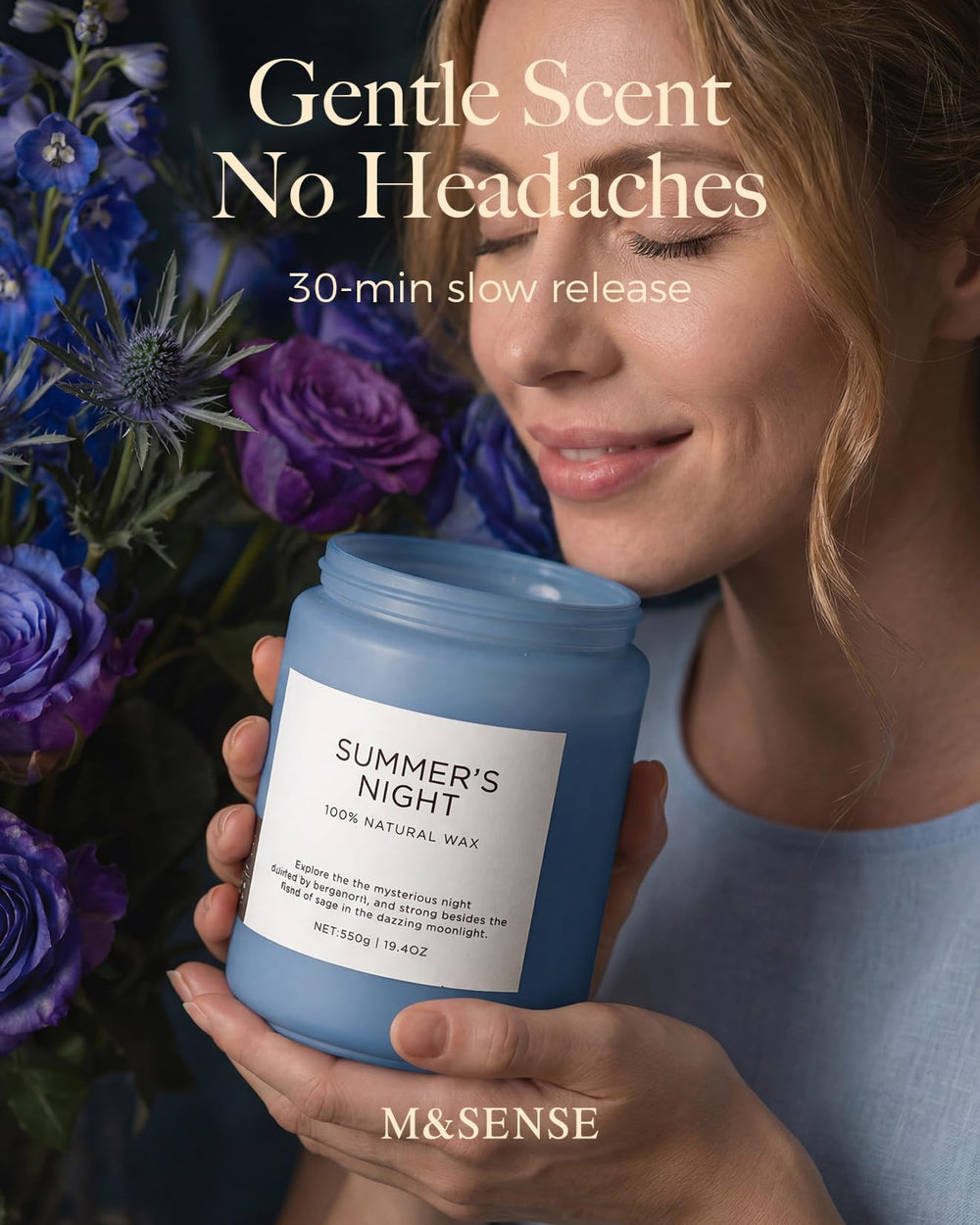 M&SENSE bougie à double mèche allumée diffusant un parfum homogène