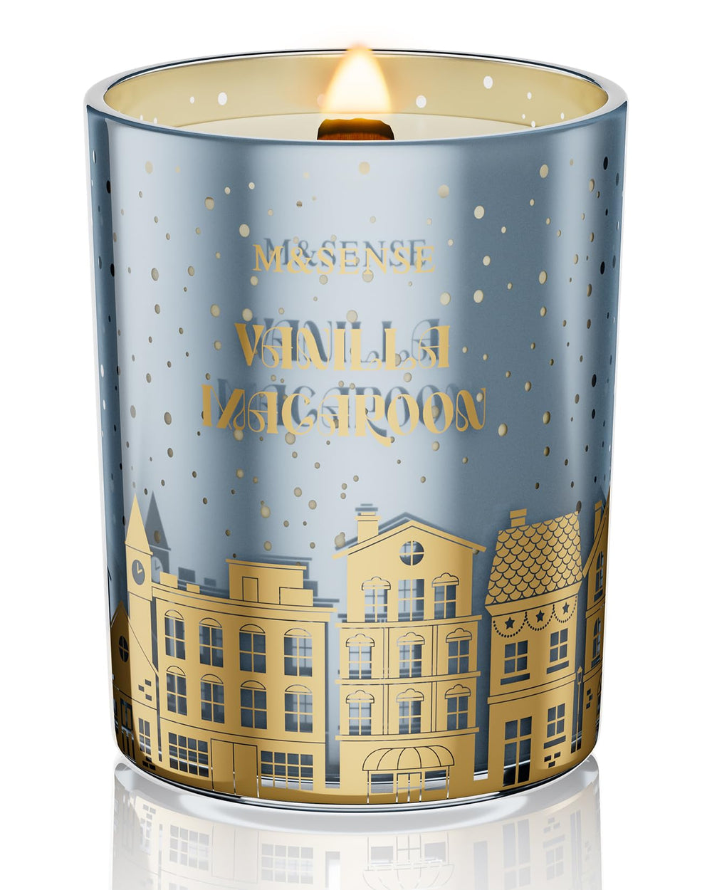 M&SENSE bougie Vanilla Macaroon face avant verre doré, design festif