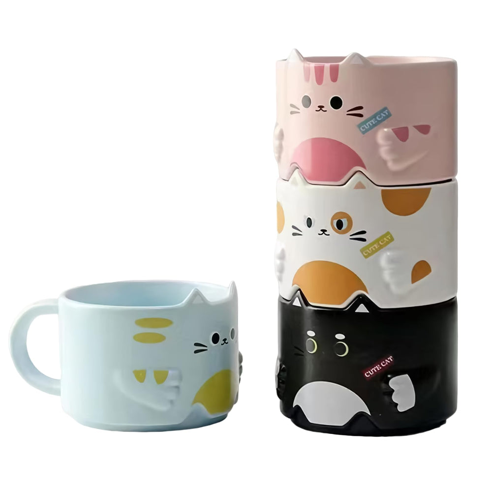 Mualuwi face avant ensemble montrant les quatre mugs et leur design chat