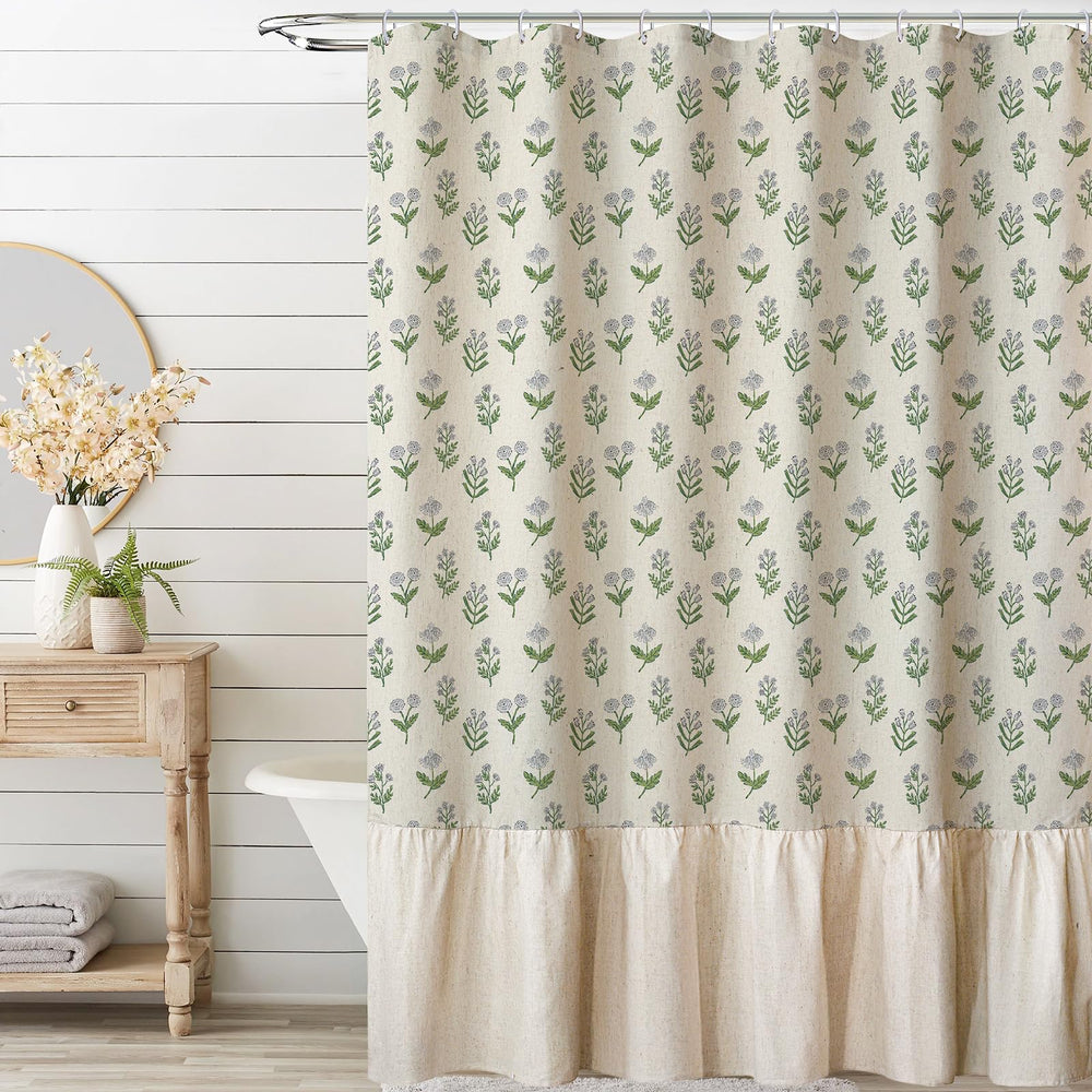 MUGINYU vue frontale du rideau de douche, apporte style cottagecore