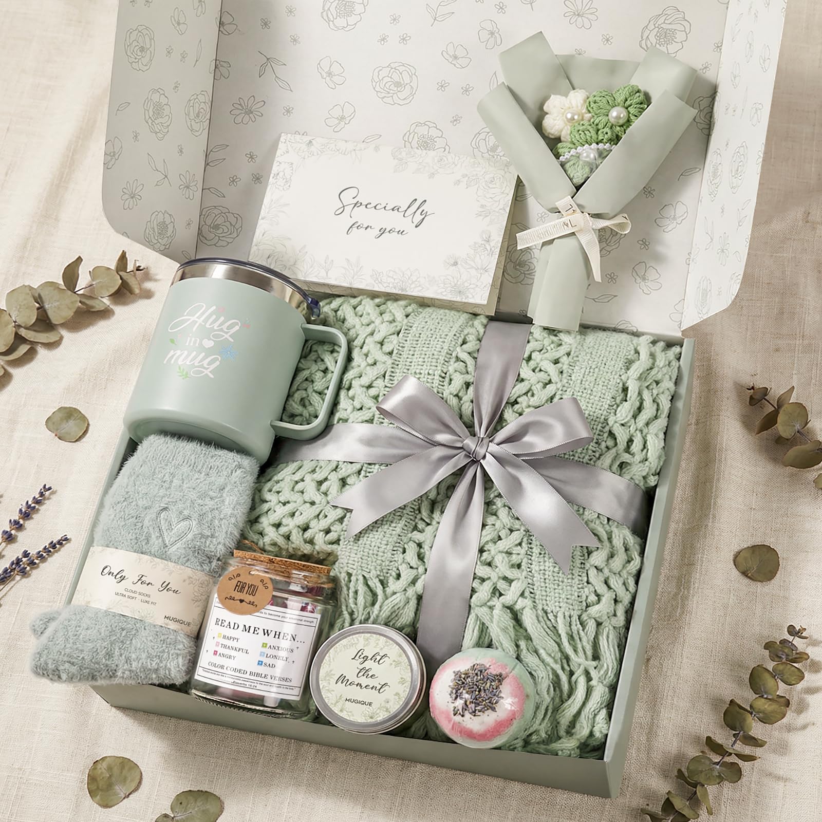 MUGIQUE coffret vu de face montrant tous les articles pour réconfort