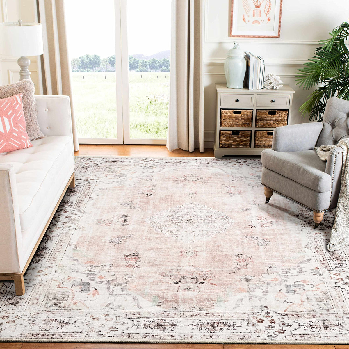 MUJOO vue avant du tapis rose montrant motif floral et ambiance chaleureuse
