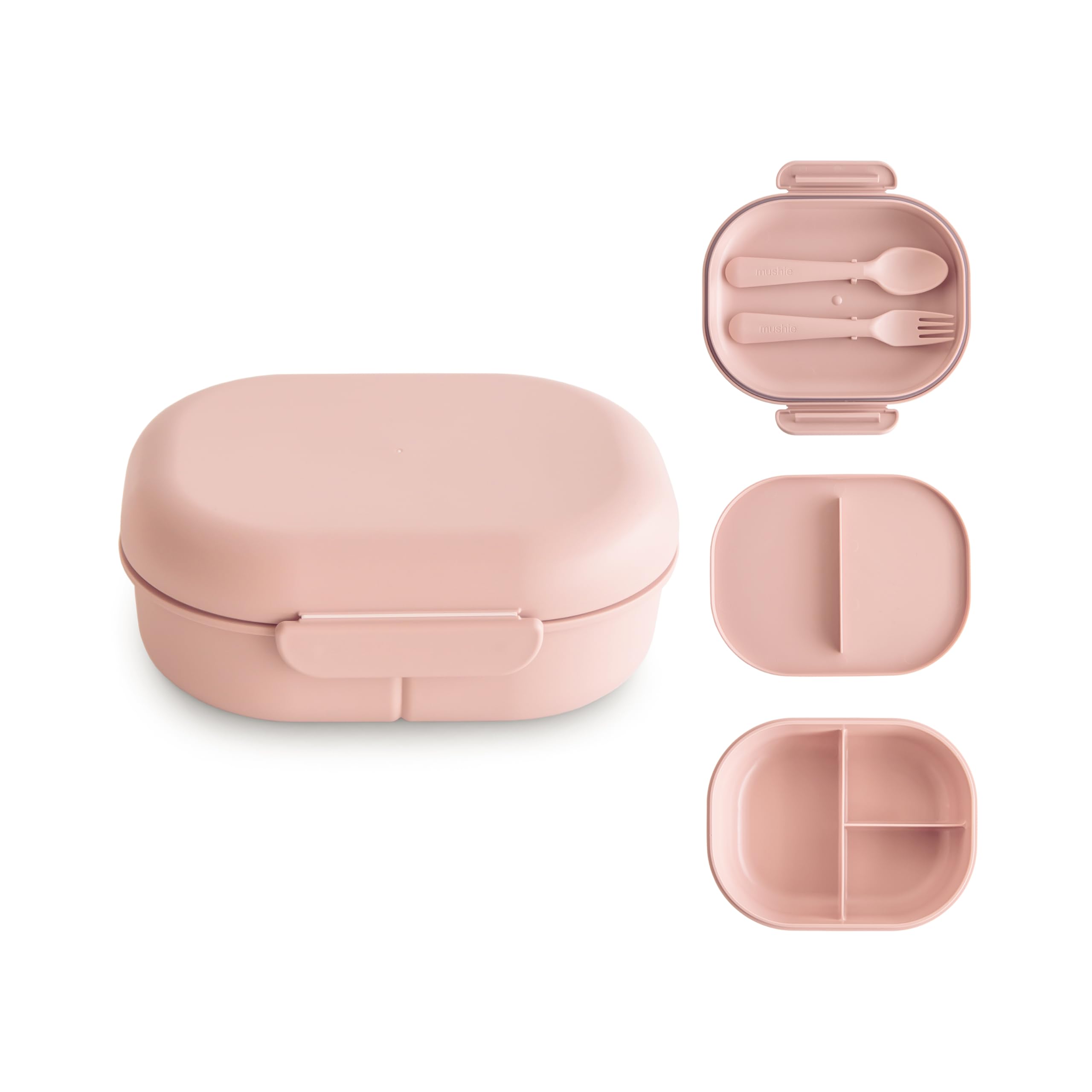 mushie boîte repas blush face ouverte montrant 3 compartiments pratiques