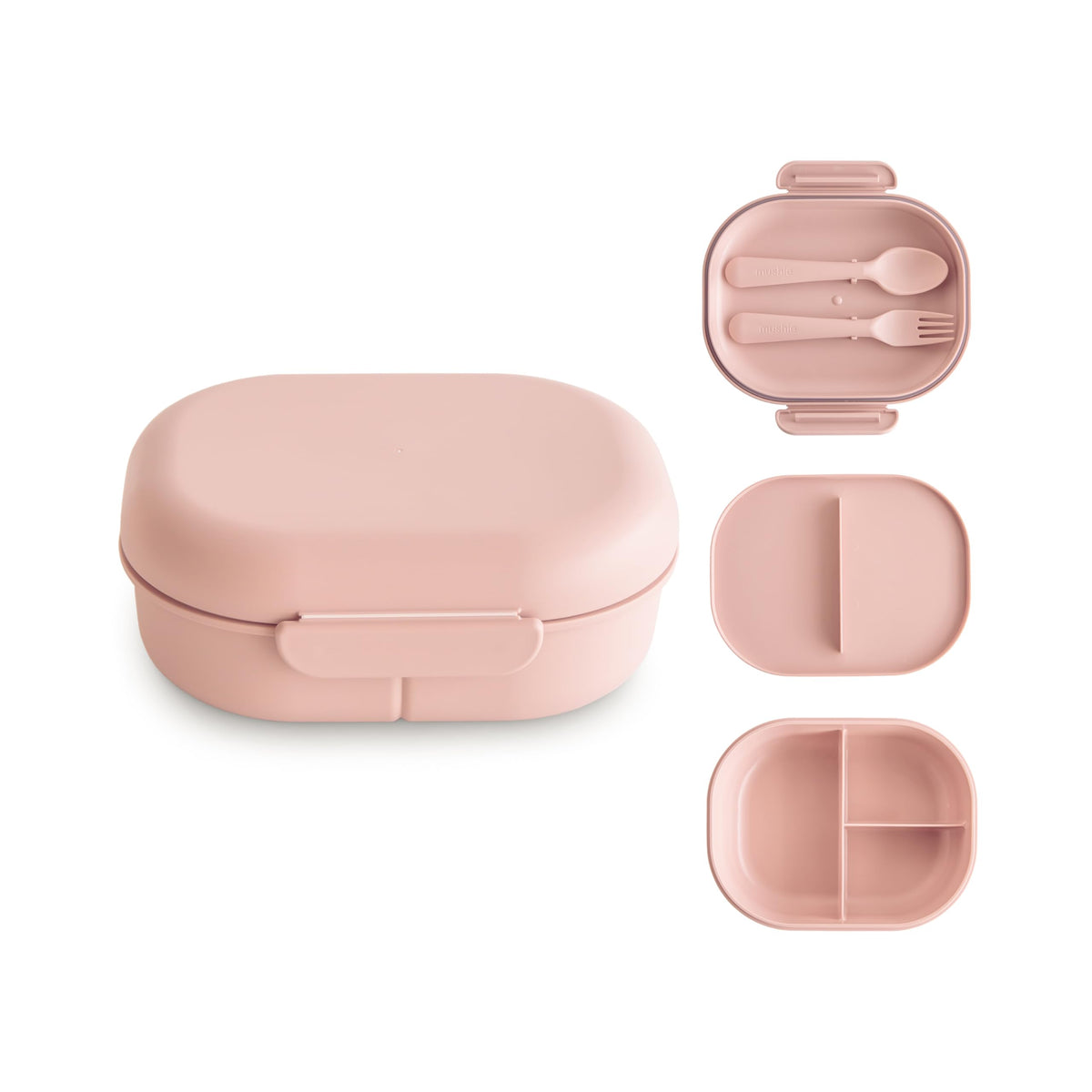mushie boîte repas blush face ouverte montrant 3 compartiments pratiques