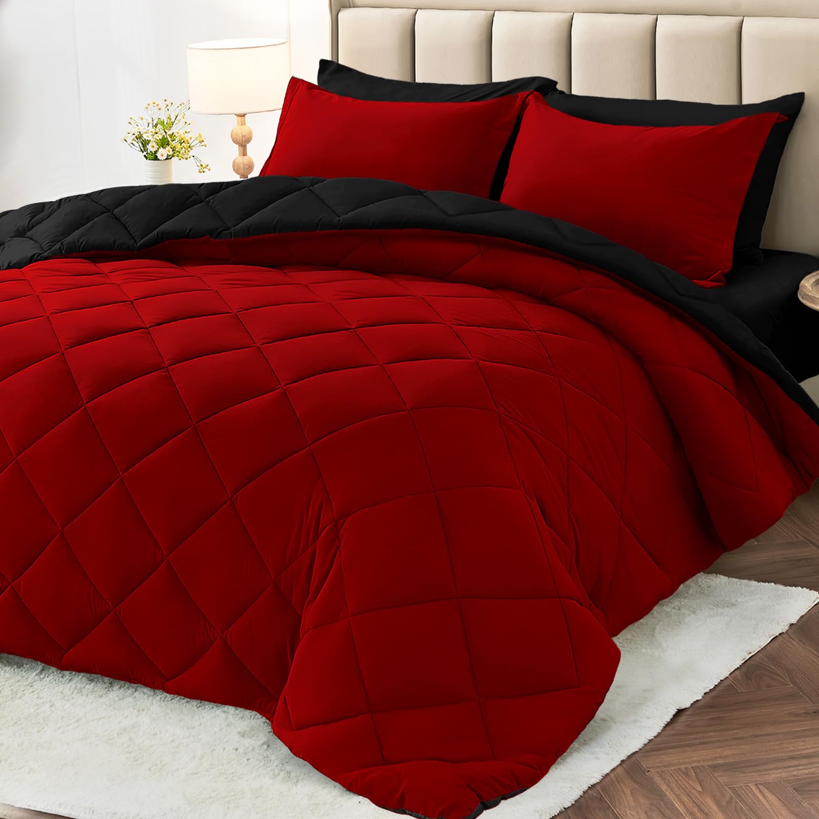 MUXHOMO couette réversible rouge et noir montrant couverture généreuse