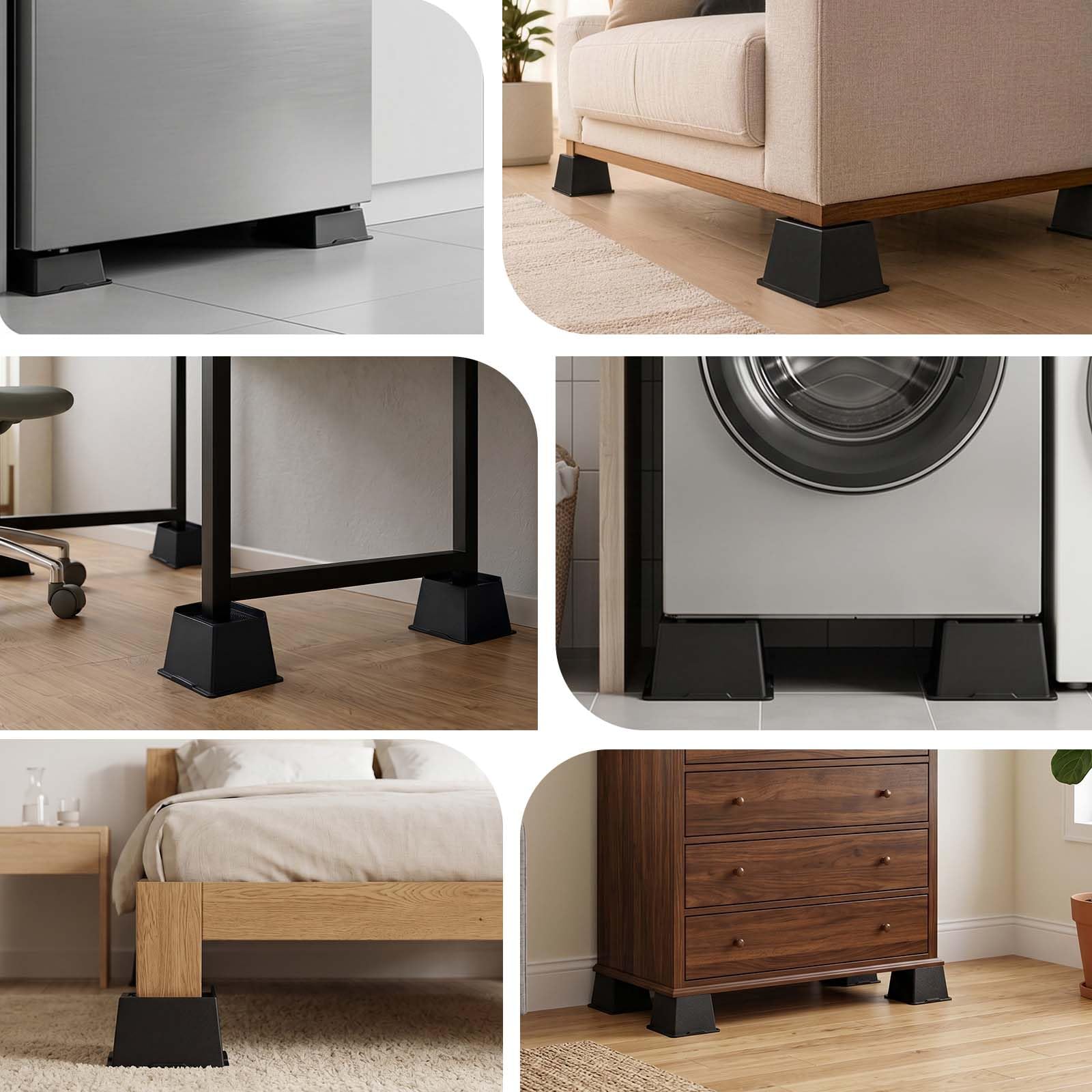 MYMULIKE rehausseurs en situation chambre, rangement optimisé