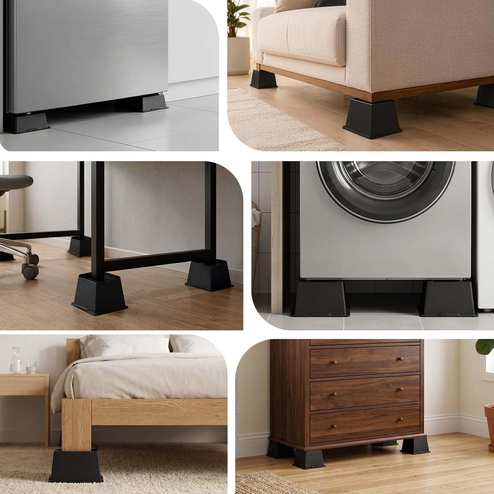 MYMULIKE rehausseurs en situation chambre, rangement optimisé