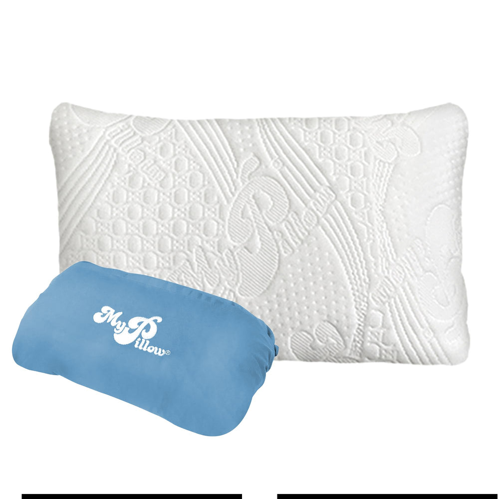 MyPillow oreiller roulé dans sa housse économise de l'espace lors du transport