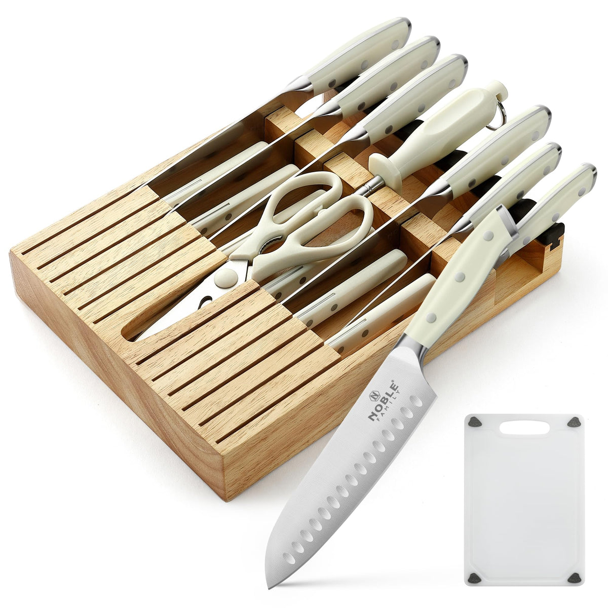 N NOBLE FAMILY face du coffret blanc montrant l’ensemble complet, rangement pratique