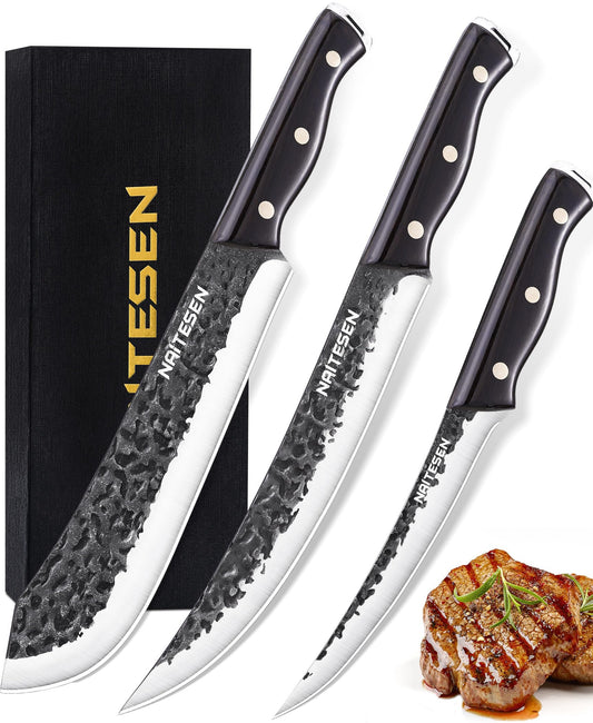 Naitesen ensemble 3 pièces face avant montrant les trois couteaux et coffret, qualité professionnelle