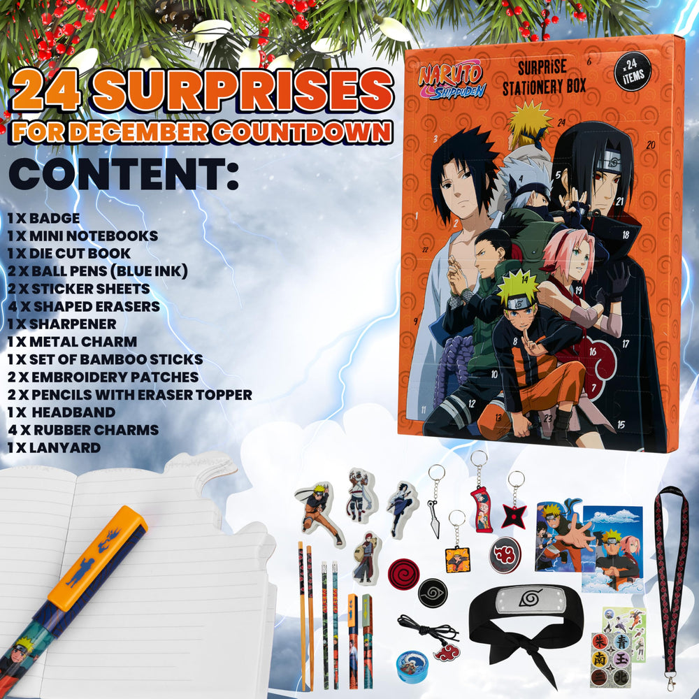 NARUTO calendrier en situation cadeau avec enfant souriant montrant plaisir du déballage