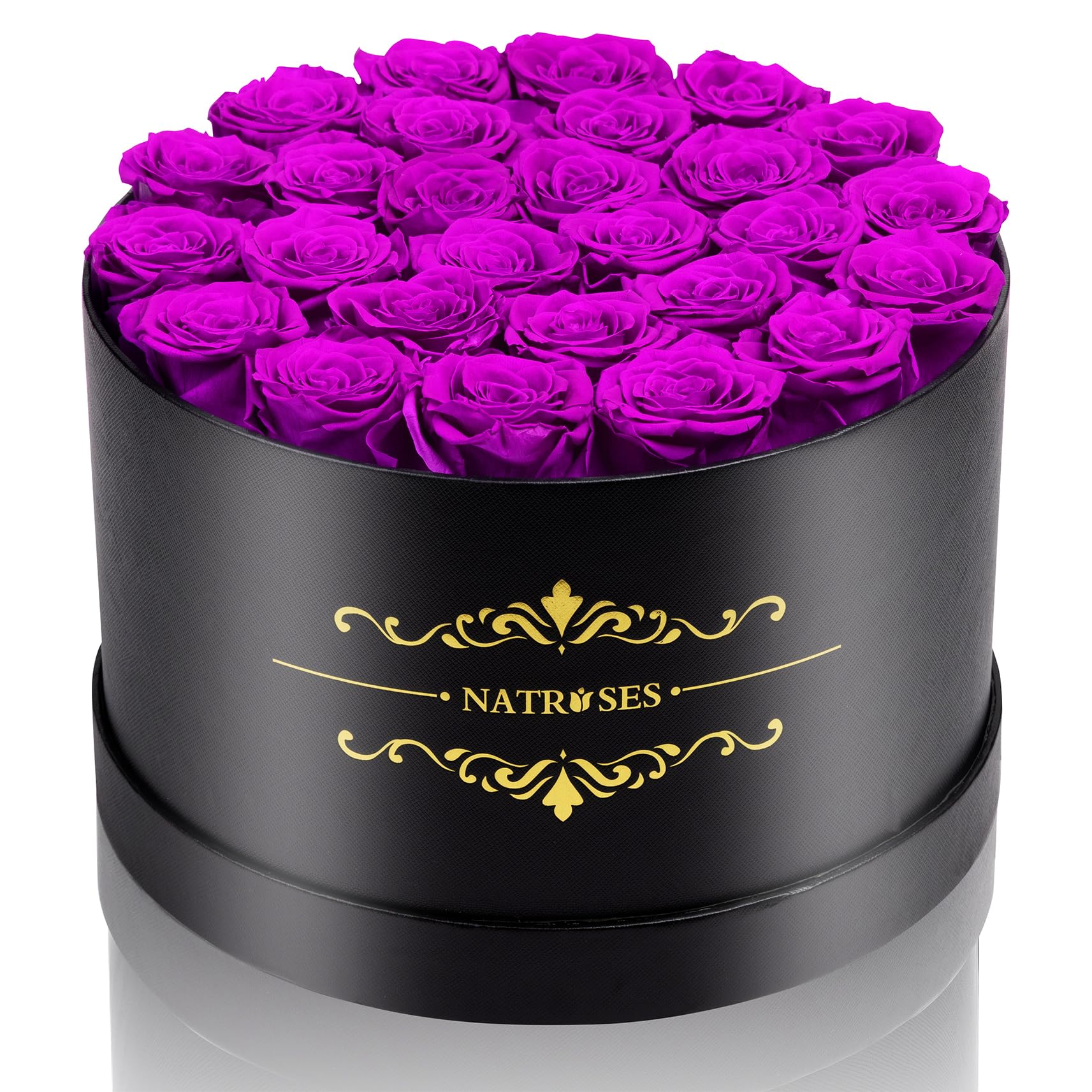 NATROSES boîte noire face avant mettant en valeur 27 roses pourpre, cadeau sophistiqué