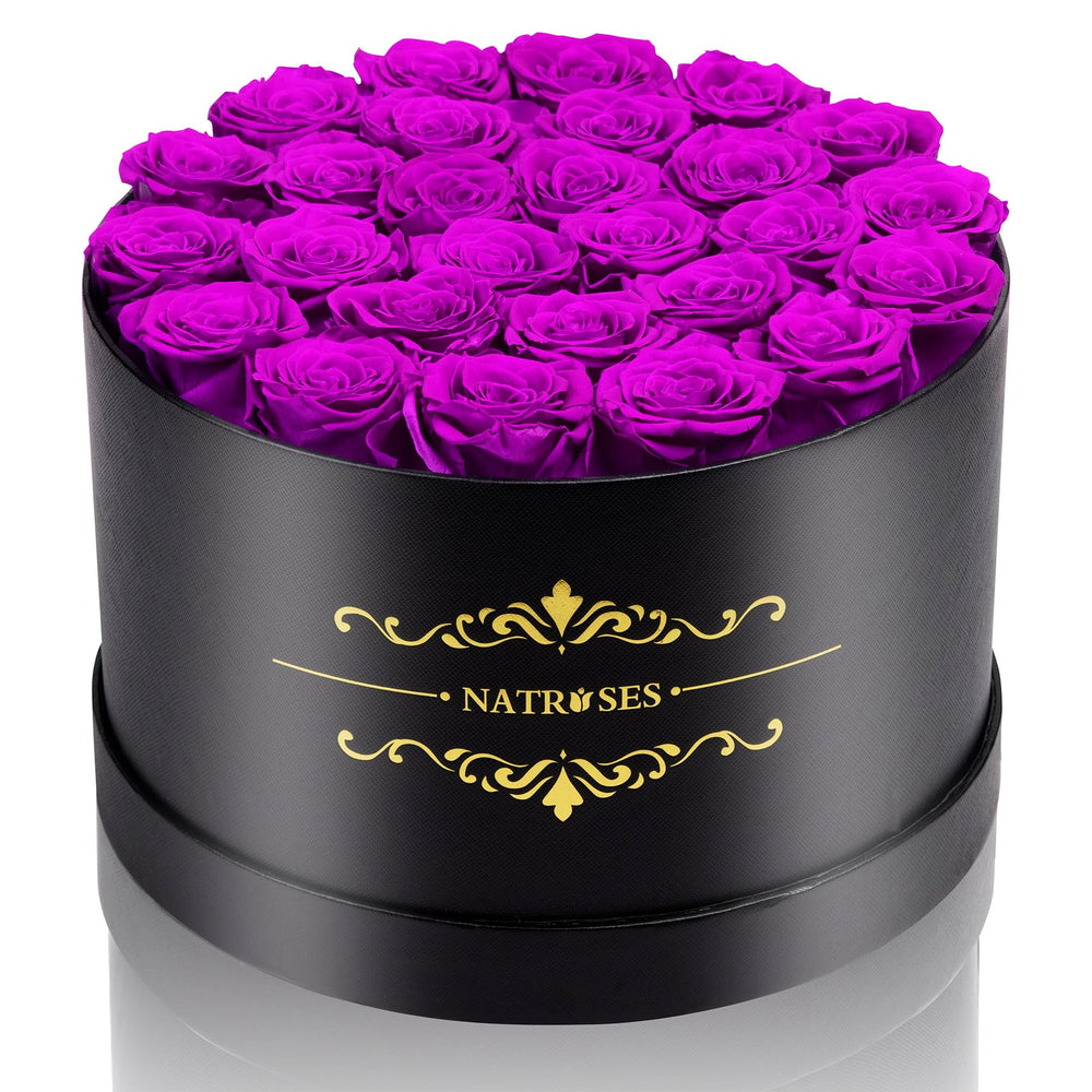 NATROSES boîte noire face avant mettant en valeur 27 roses pourpre, cadeau sophistiqué