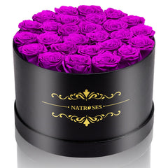 NATROSES boîte noire face avant mettant en valeur 27 roses pourpre, cadeau sophistiqué