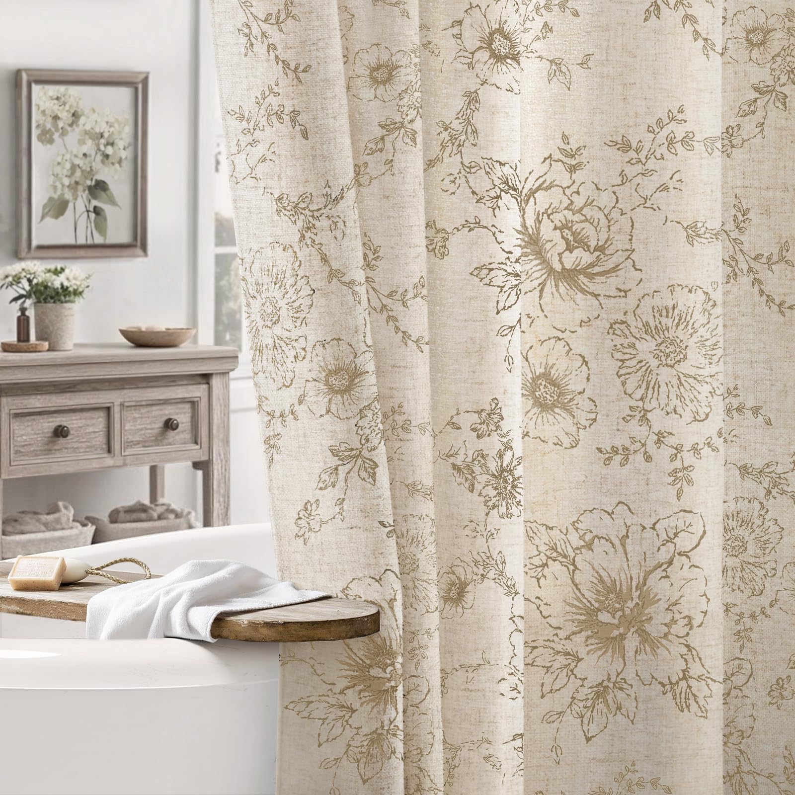 NDDYCU vue avant du rideau beige montrant le motif floral et l'ambiance farmhouse