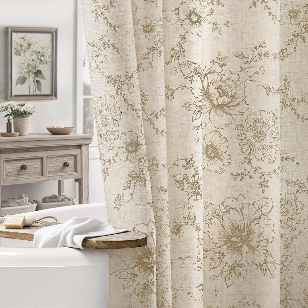 NDDYCU vue avant du rideau beige montrant le motif floral et l'ambiance farmhouse