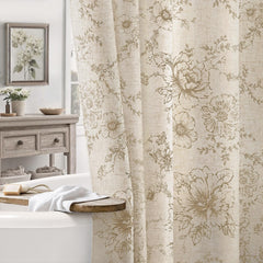 NDDYCU vue avant du rideau beige montrant le motif floral et l'ambiance farmhouse