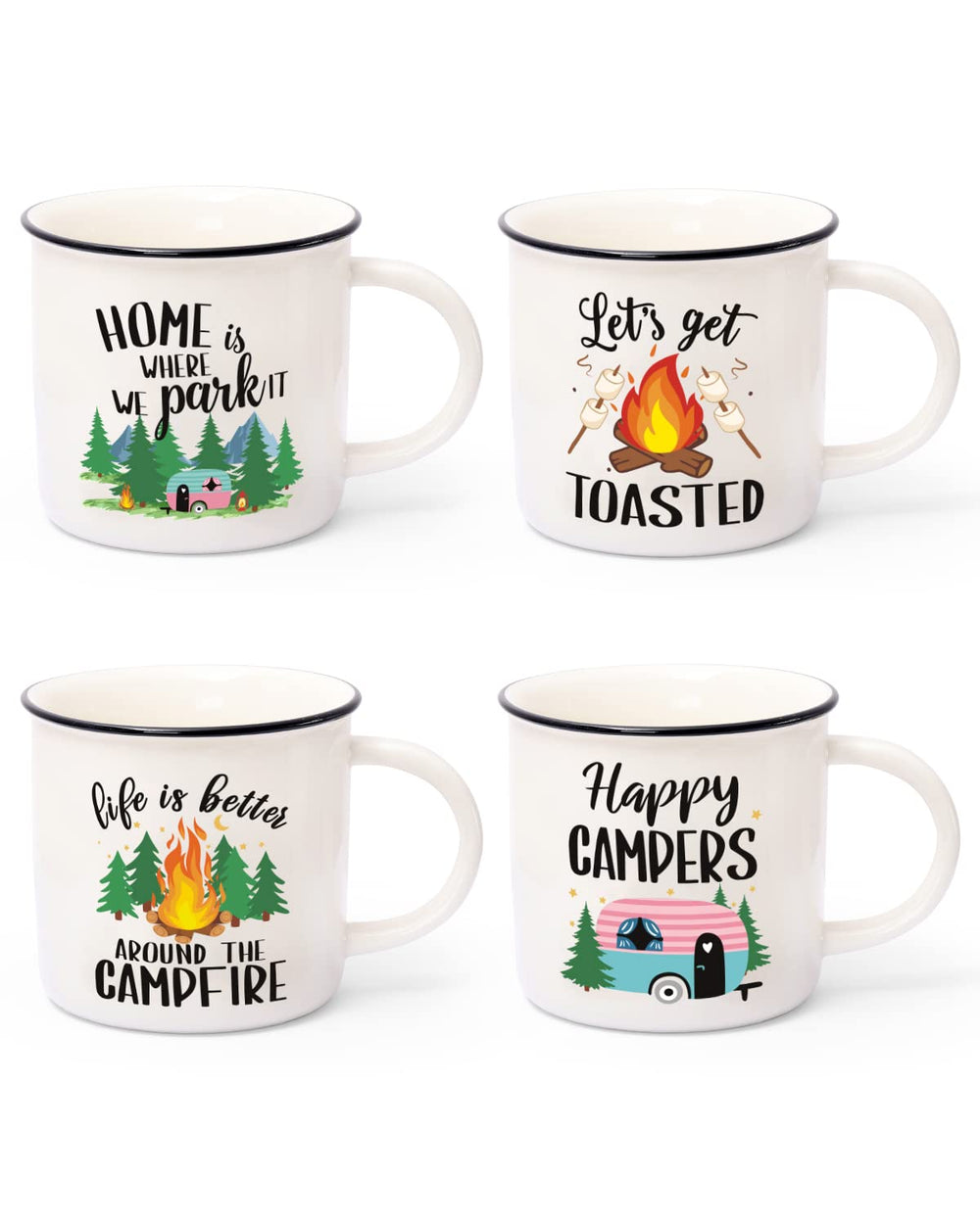 Nefelibata tasse face montrant design camping, idéale pour boissons réconfortantes