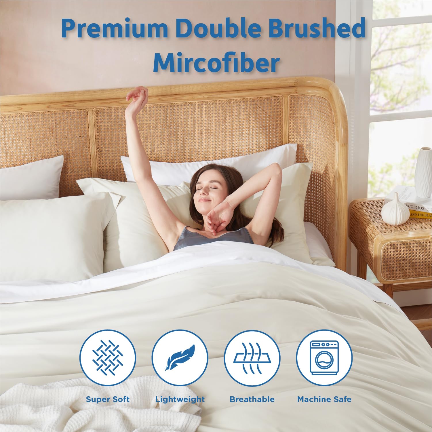 Nestl housse présentée sur lit aménagé, style hôtelier apporté au décor