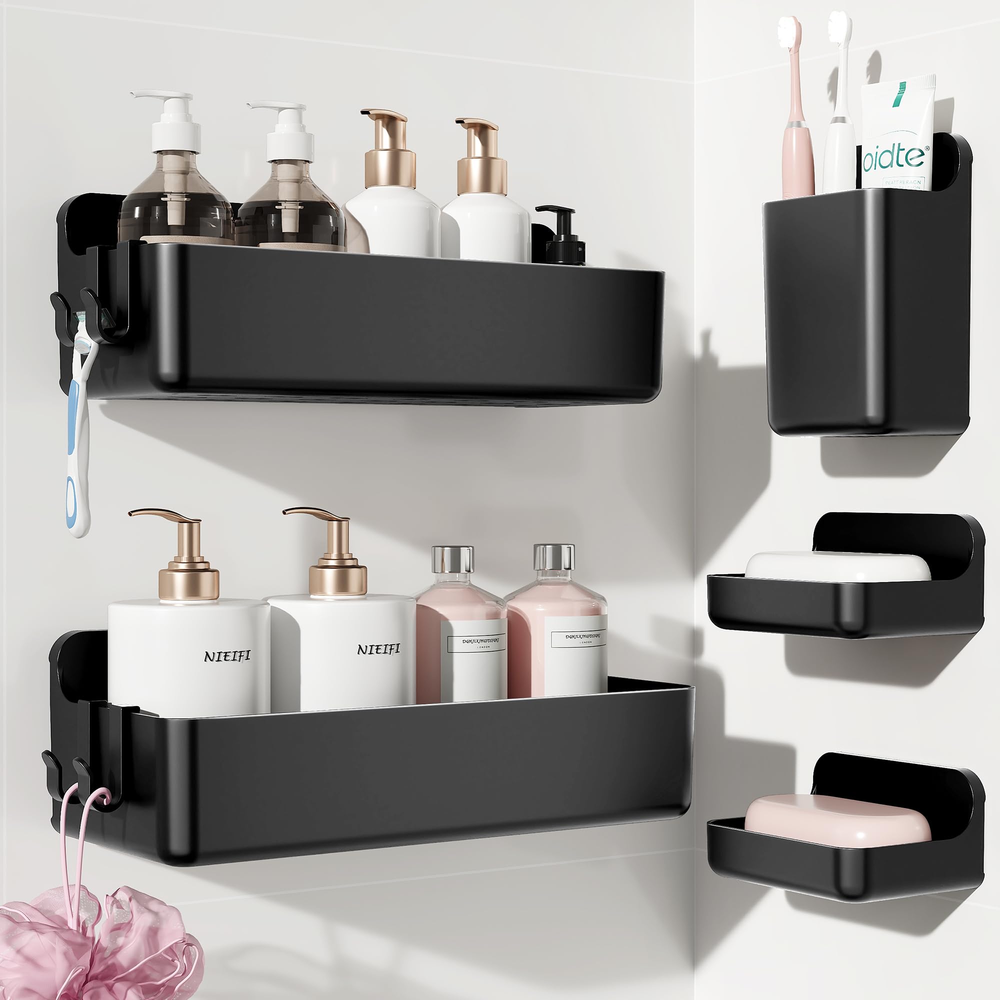 Nieifi étagère douche face avant noir, rangement organisé et design