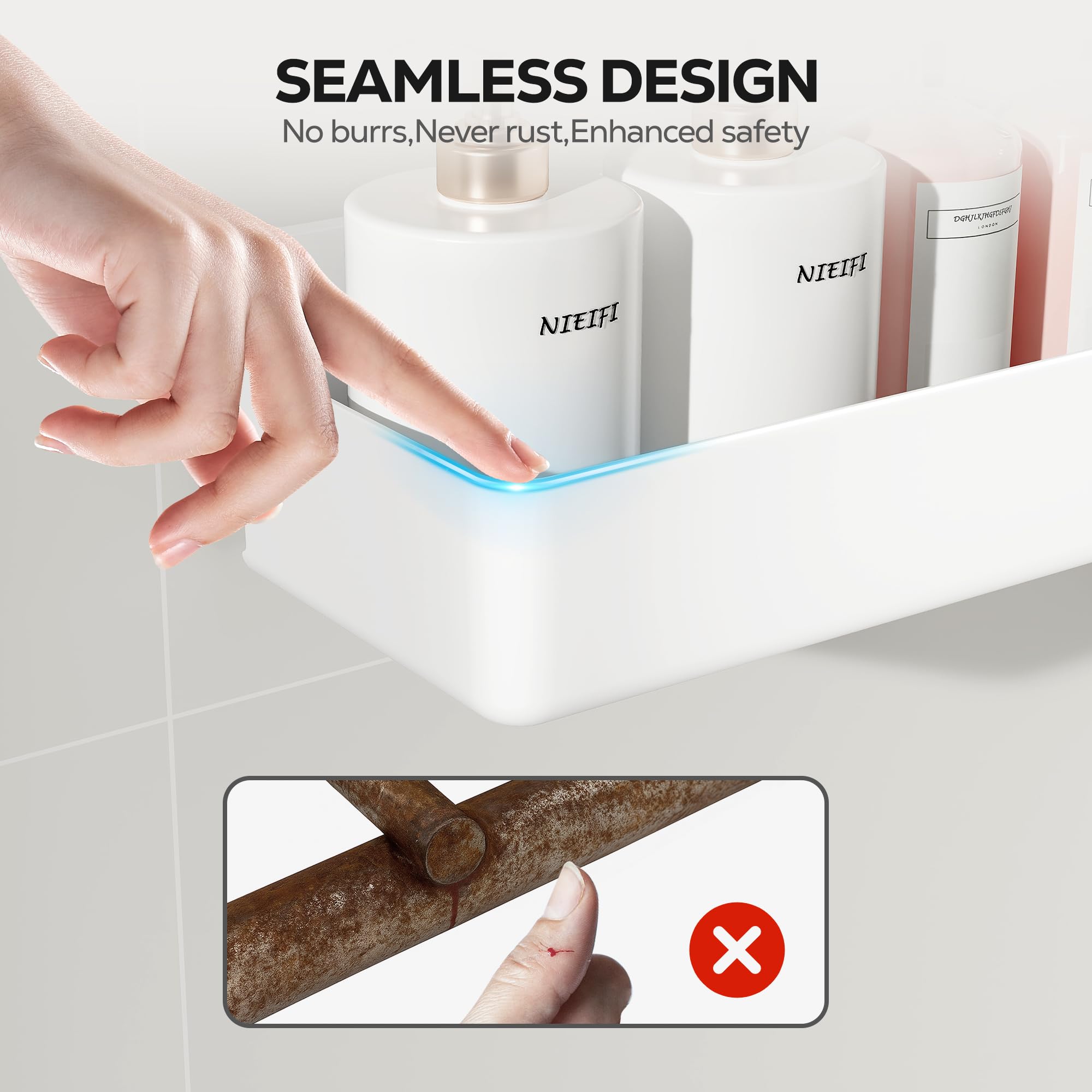 Nieifi produit en usage dans douche démontrant accès facile aux flacons