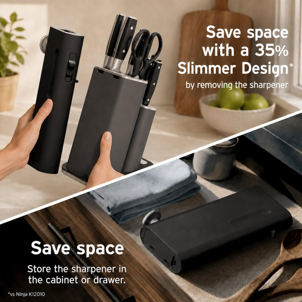 Ninja affûteur NeverDull amovible en action, affûte la lame précisément pour tranchant durable