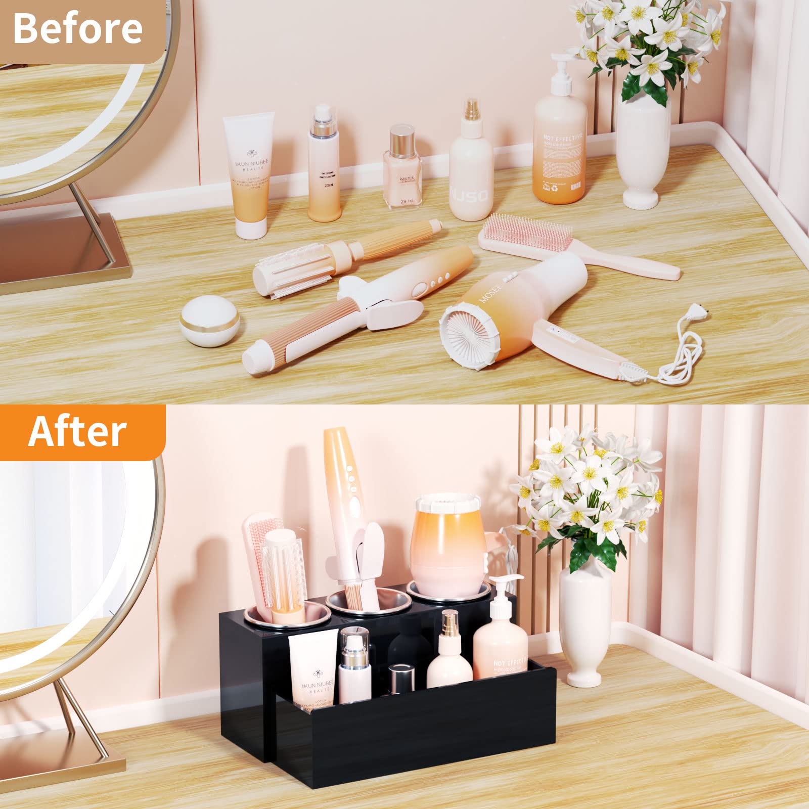 NIUBEE sur coiffeuse organise peignes et produits pour routine rapide